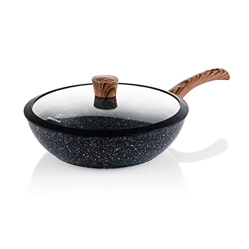 Westinghouse Black Marble Series Wok 30 cm, Non-Stick Coating, Forged Aluminium Pan, Suitable for Induction Cookers, Silicone-Coated Handle in Wooden Look, Dishwasher Safe, Black (WCCW0085030MBB)