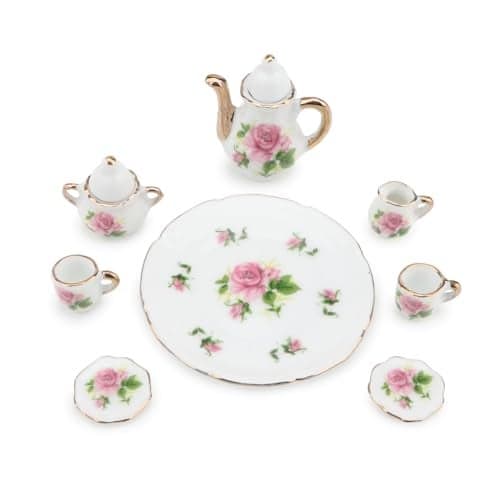 Dollhouse 16 Porcelain Tea Cup Sets 8 Pcs Set Miniature Ceramics Dollhouse Accessories Flower Pattern Teapot Platter Dish Sets Dollhouse Kitchen Supplies Decoration Little Rose