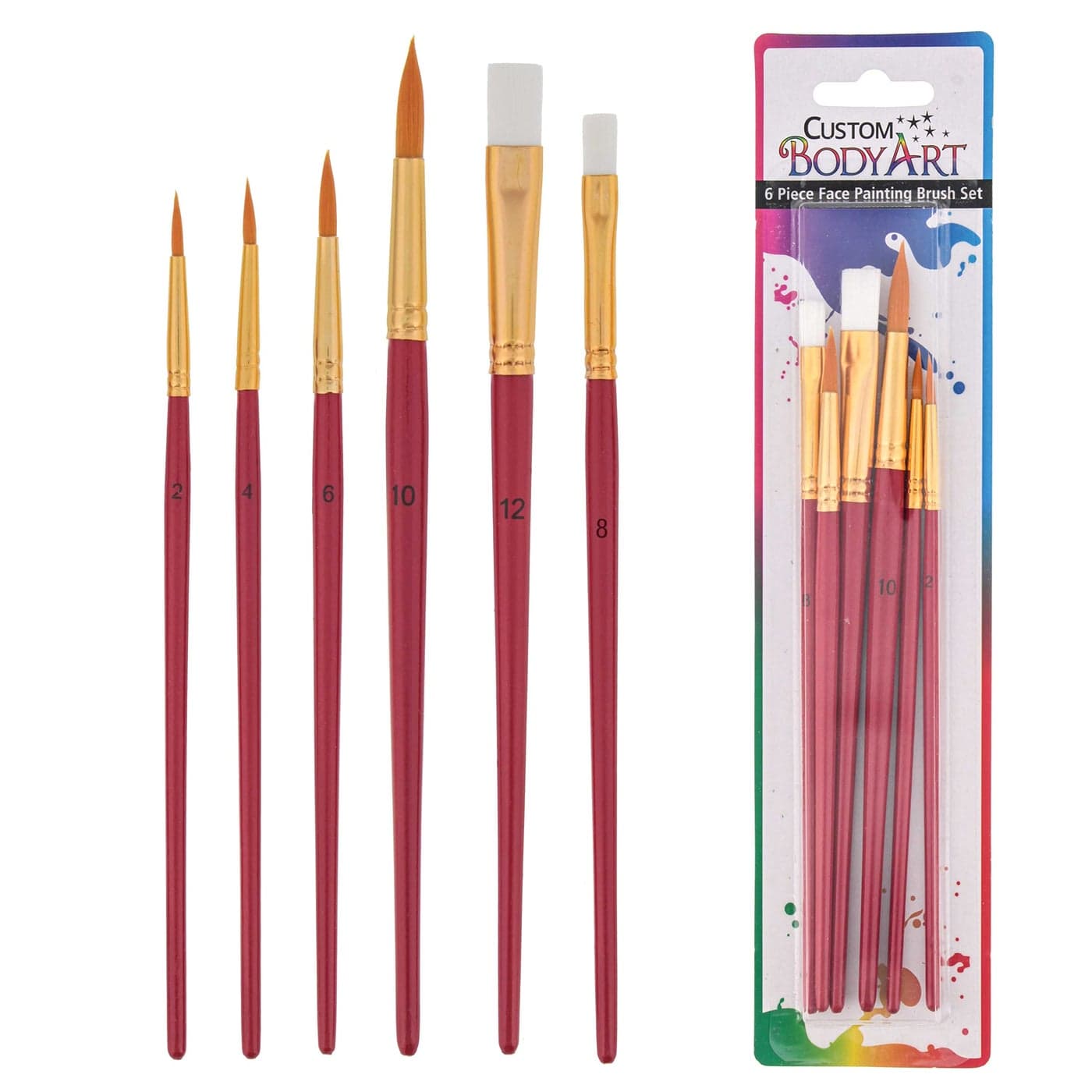 Custom Body Art 6 Piece Nylon Hair Face Painting Brush Set 4 Round Size 24610 2 Flat Size 812 alos Great for Watercolor and Acrylic Paints