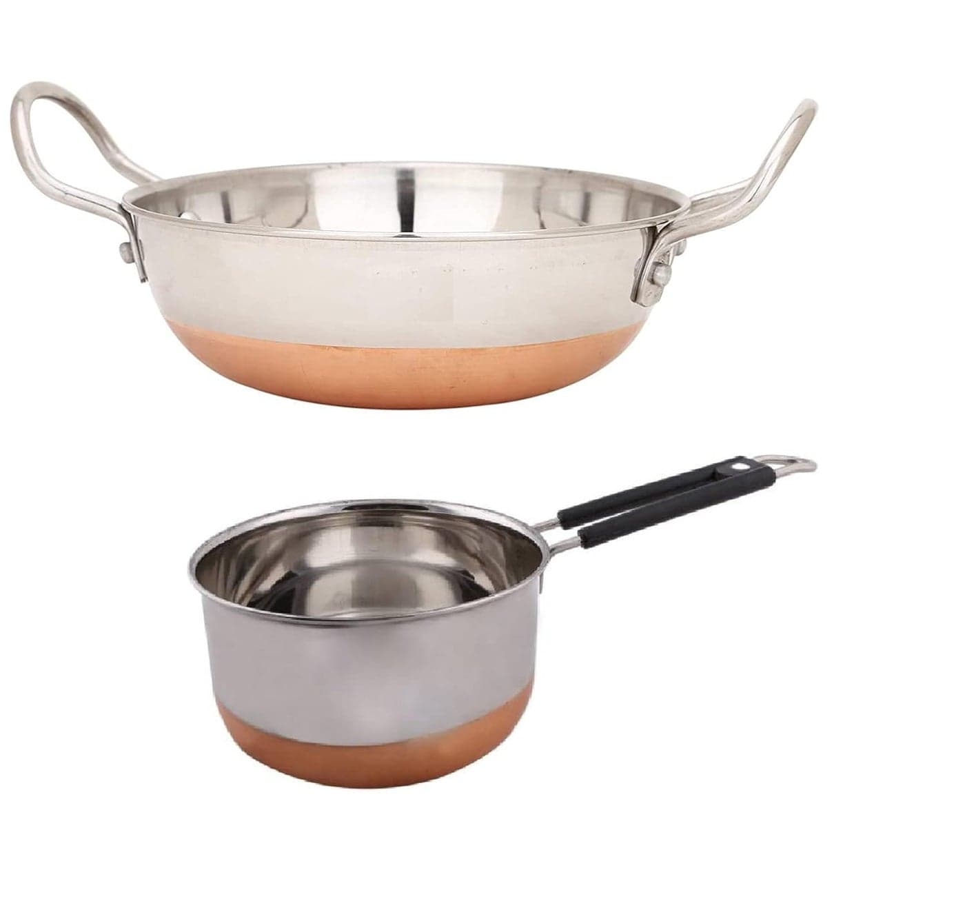 RJ kitchenware Store Copper Bottom kadhai and Stainless Steel Copper Bottom 2 Liter saucepan with handle kadai with Copper Bottom with Handle 2 Liter 2 Liter Combo Pack of Kadai and Copper Sauce Pan Silver
