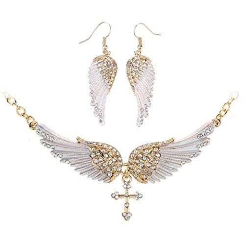 Szxc Womens Guardian Angel Wings Cross Jewelry Sets - Choker Necklace & Dangle Earrings Sets - Women Biker Jewelry
