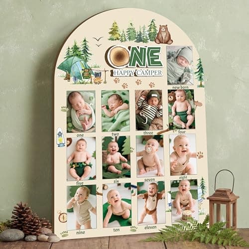 R HORSE My First Year Photo Display Wood Board - 3D One Happy Camper Baby's First Year Picture Frame, 12 Months Camping Milestone Board Neutral Keepsake Gift 1st Birthday Nursery Decor for Boy Girl