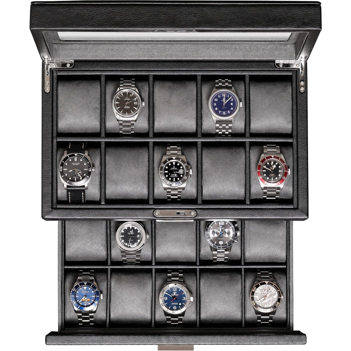 ROTHWELL 20 Slot Leather Watch box Luxury Case Display Jewelry Organizer Locking Display Case Holder with Large Real Glass Top Watch Box Organizer for Men and Women BlackGrey