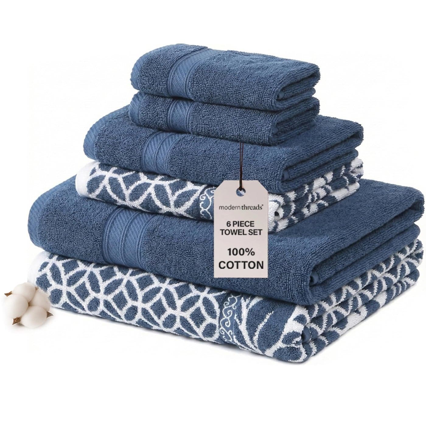 Modern Threads Trefoil Filigree 6Piece 100 Cotton Towel Set Reversible Yarn Dyed Jacquard Includes 2 Bath Towels 2 Hand Towels 2 Washcloths Absorbent Quick Dry Soft Durable Navy Blue