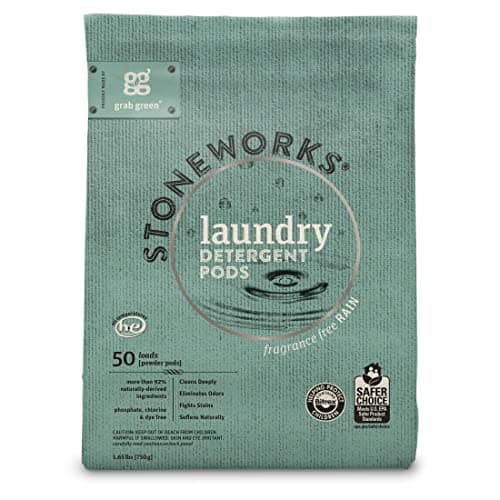 Grab Green Stoneworks Laundry Detergent Pods, Powered by Naturally-Derived Plant & Mineral-Based Powder Pods, Fragrance Free Rain, 50 Count (Pack of 1) Loads-EPA Safer Choice Certified
