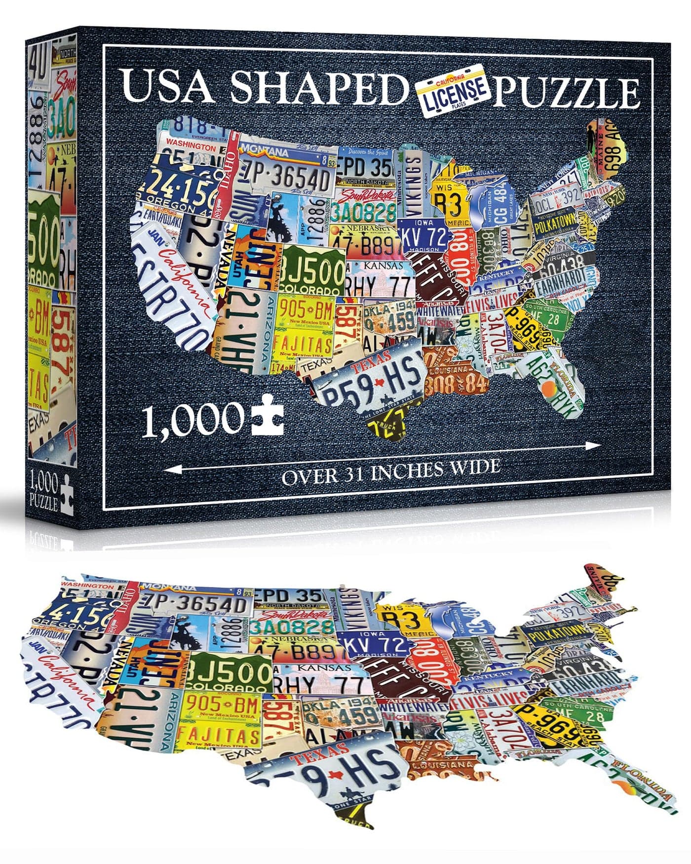 USA License Plate Map 1000 Piece Jigsaw Puzzle in the Shape of the US - 31 inches long - Cool Wall Art