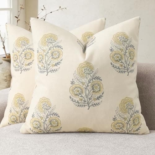 Summer Vintage Floral Print Pillow Covers 18x18 Set of 2 Patterned Accent Decorative Cushion Covers Modern Farmhouse Throw Pillow Covers for Sofa Couch Chair Bed Living Room Home Decor, Mellow Yellow