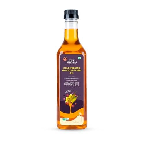 Two Brothers Organic Farms India's Only Certified Glyphosate Free Mustard Oil/Sarso Ka Tel (1L), Made using farm grown Mustard seeds | Cold-Pressed and Single-Filtered Oil for healthier Cooking | Kacchi Ghani, Natural and Unrefined