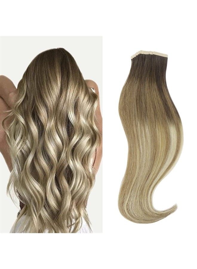 HOTBANANA Tape in Hair Extensions, Walnut Brown to Ash Brown and Bleach Blonde Balayage 50g Tape in Hair Extensions Real Human Hair Stright Remy Hair Tape in Hair Extensions 18 inch 20pcs