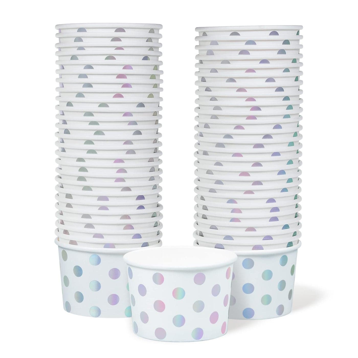 MATICAN Paper Ice Cream Cups 50Count 9Oz Disposable Dessert Bowls for Hot or Cold Food 9Ounce Party Supplies Treat Cups for Sundae Frozen Yogurt Soup Silver Foil Polka Dots