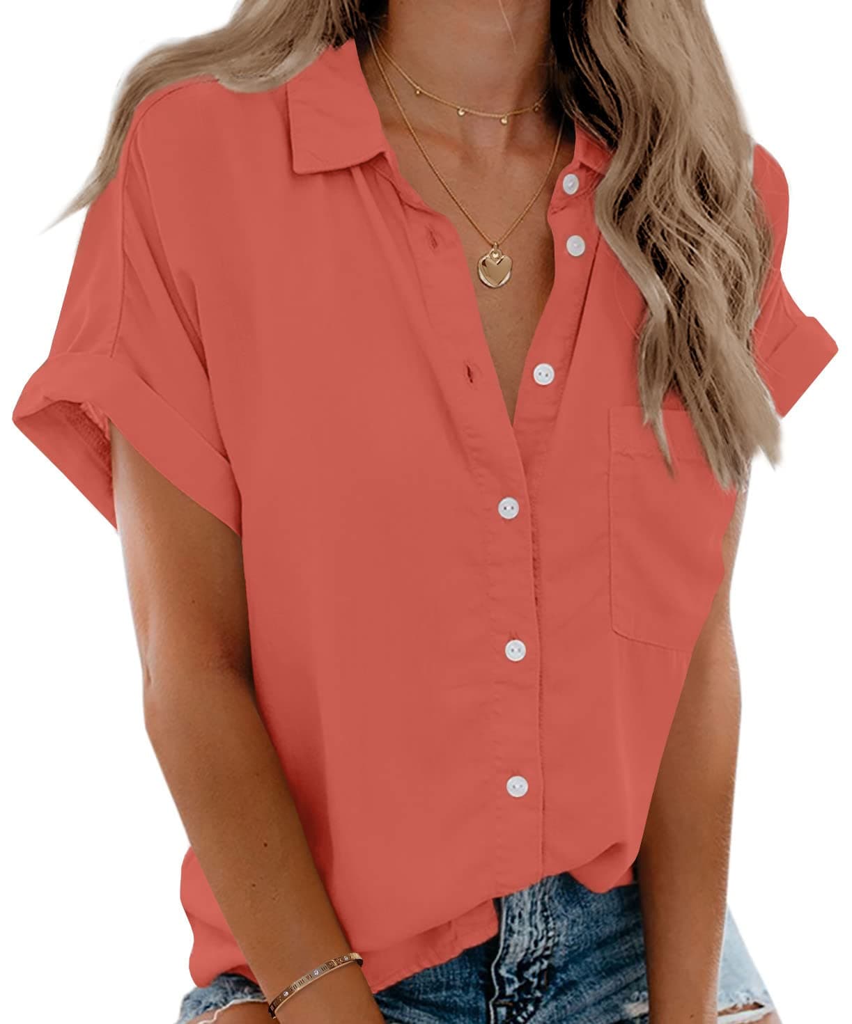 Beautife Womens Short Sleeve Shirts V Neck Collared Button Down Shirt Tops with Pockets Tangerine