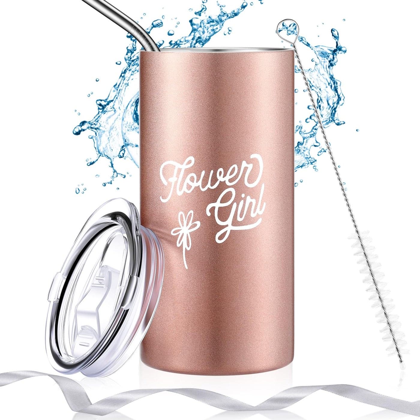 Yungyan Flower Girl Gift Cup Flower Girl Tumbler Water Bottle with Straw Cleaning Brush Ribbon for Wedding Proposal Valentine Party Gift from BrideRose Gold1 Set