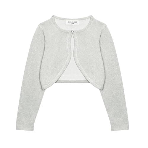 BOLEROSE Girls Long Sleeve Sparkle Cardigan Childrens Kids Bolero Shrug (Silver, 5-6 YRS)