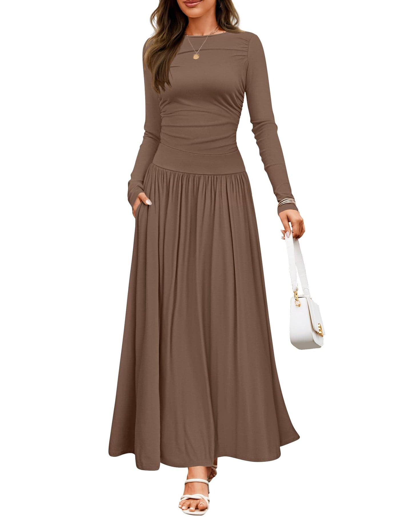 ZESICA Women's Long Sleeve Fall Maxi Dress 2025 Crewneck Knit Casual Slim Swing Pleated Dresses with Pockets,Brown,Small