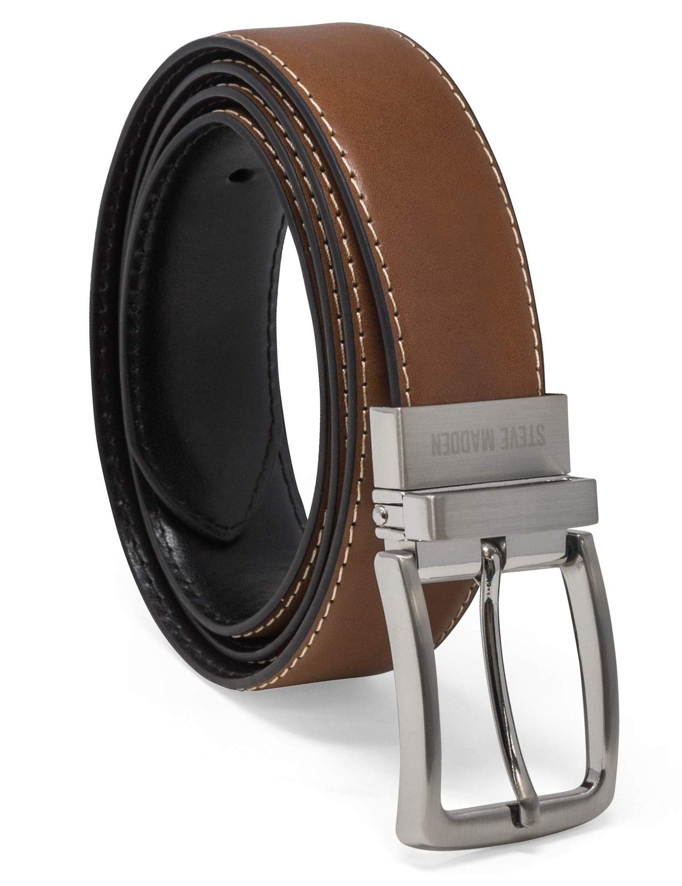 Steve Madden Reversible Men's Dress Casual Every Day Leather Belt, Cognac/Black (Feather Edge), 40