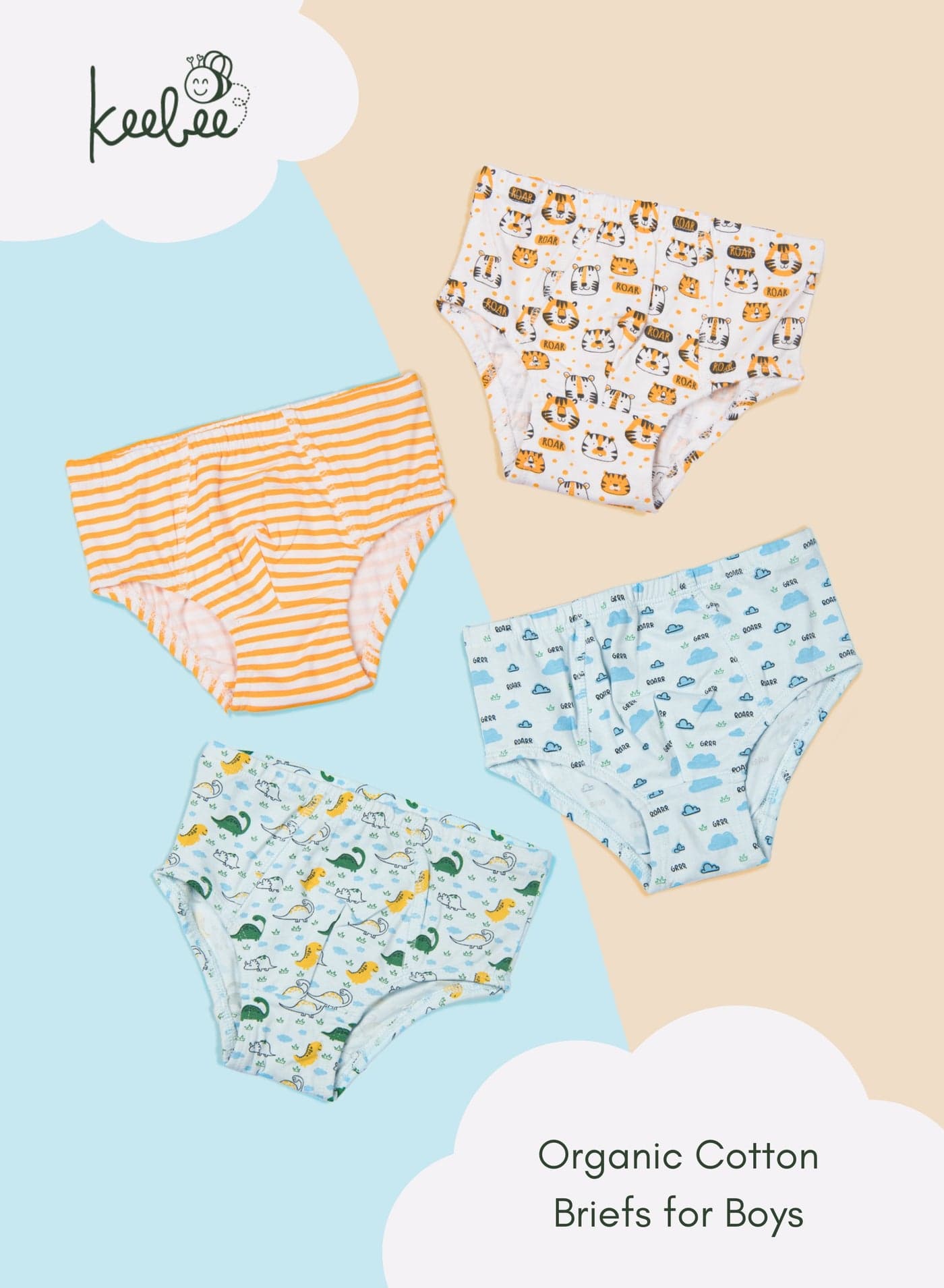Keebee 4 Pack Boys Briefs 95% Organic Cotton 5% Elastane, Soft and Comfortable Underwear