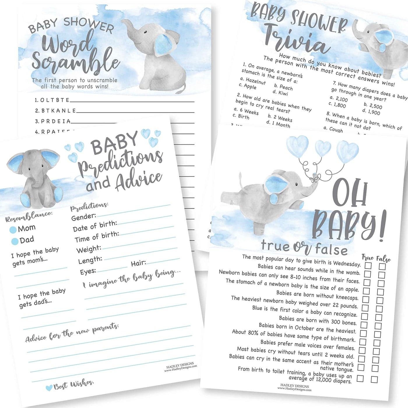 Hadley Designs Baby Shower Games for Boys 50 DoubleSided Cards for 25 Guests 4 Fun Games Predictions Advice Trivia True or False Word Scramble USAMade Blue Elephant