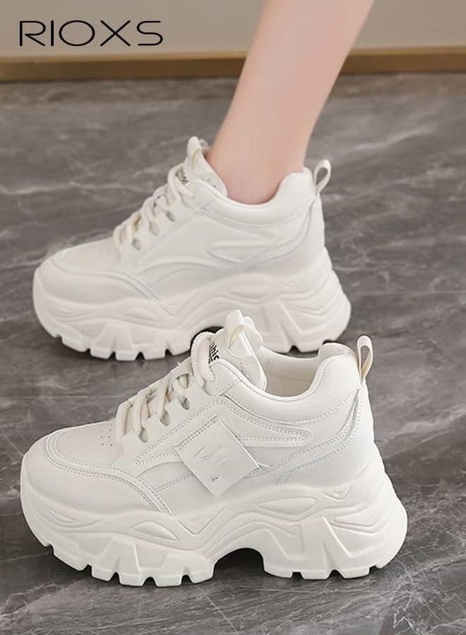 Women's Chunky Sneakers, Fashionable Lace-Up Chunky Platform Sneakers, Lightweight Breathable Mesh Athletic Running Shoes for Ladies, Non Slip Thick Soled Sports Shoes, Retro Casual Walking Shoes for Running, Travel, Athletic, Exercise, Gym, Tennis, Outdoor and More, Whitehite