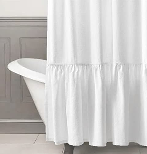 Felisa White Farmhouse Boho Long Shower Curtain with A Ruffle Hem 72x78 inch Linen Blend Shower Curtain for Bathroom