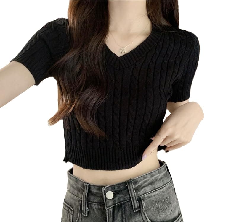 ICW Women's Acrylic Knitted Ribbed Half Sleeve V-Neck Self Design Crop Top T-Shirt 128 (X-Small, Black)