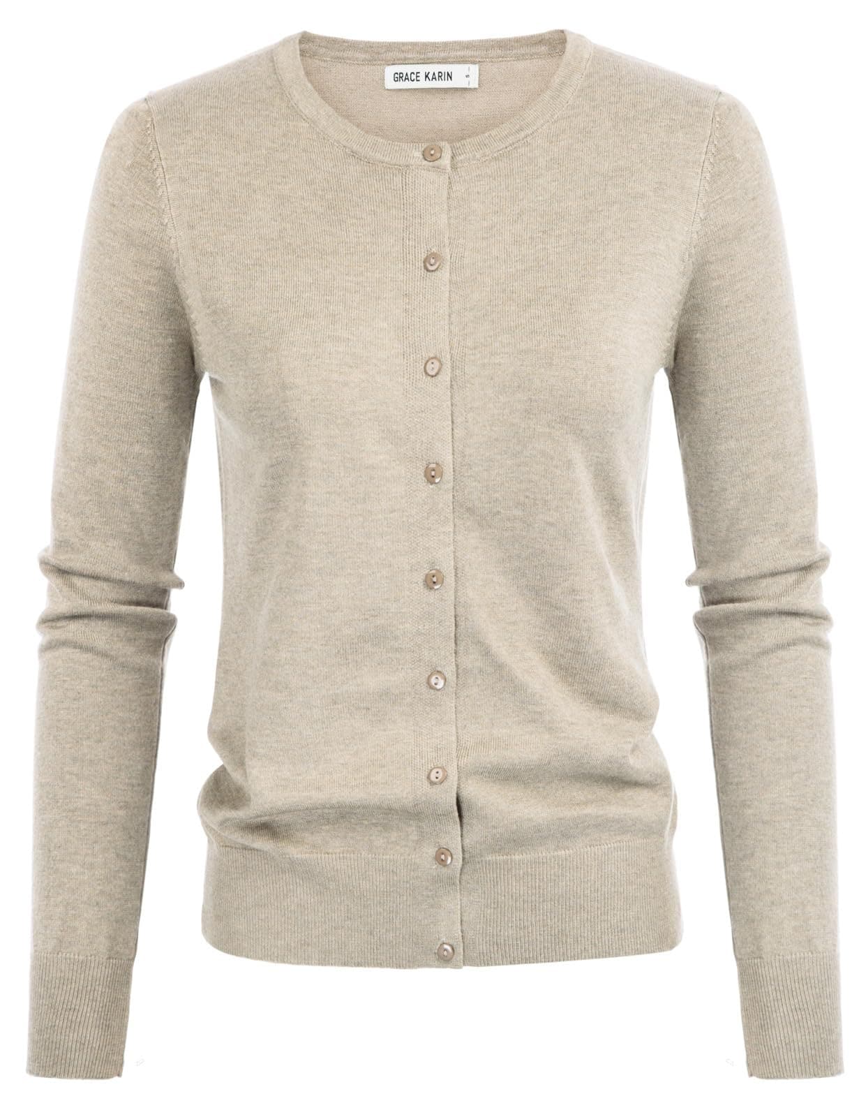 GRACE KARIN Womens Button Down Crew Neck Cardigan Sweaters (S,Light Apricot Heather)