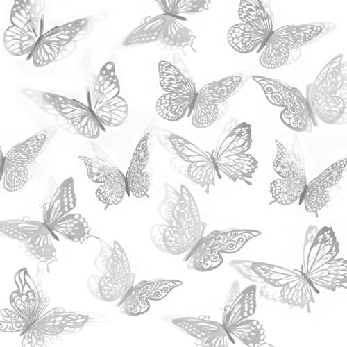 Rindion 84PCS 3D Butterfly Decorations, 3 Sizes 7 Styles Butterfly Wall Decor Silver Butterflies Decorations for Cake, Butterflies Party, Birthday, Wall