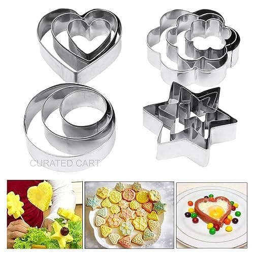 Curated Cart 12PCS Cookie Cutter Set - Stainless Steel Biscuit Molds for Cookies, Pastries, Sandwiches - Heart, Star, Round Shapes - Non-Stick, Durable, Perfect for Kids, Baking & Gifts