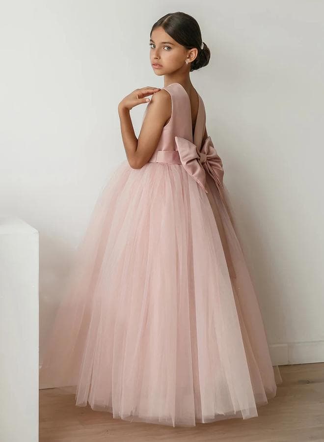Pink Bow Detail Deep V Back Mesh Party Dress