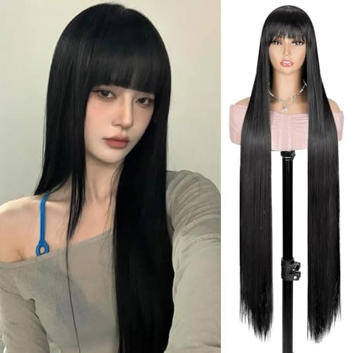 Creamily 40" Long Black Straight Full Head Wigs with Bang for Women | Heat-Resistant Synthetic Hair Wigs for Women with Natural Shine | Extra-Length Hair Wig for Women Ideal for Indian Festivals/Weddings/Daily Use (Black, 40 inch)