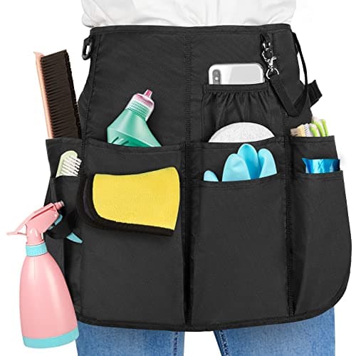 LoDrid Professional Cleaning Apron with 9 Pockets and Adjustable Waist Belt, Cleaning Caddy Aprons for Cleaning Work of House Hotel, Black