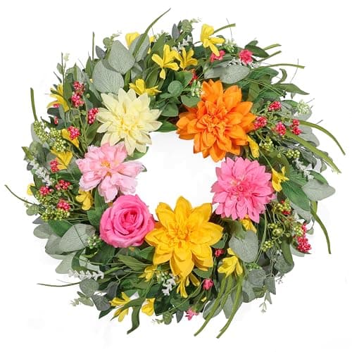 Summer Wreaths for Front Door 24 Inch, Artificial Spring Wreath with Dahlia and Peony for All Season Home Decor Easter Indoor Outdoor Wall Home Festival Celebrations