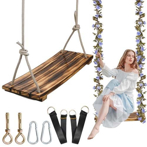 FOKOL 2026 Upgraded Large Wooden Swing Seat 24x 8 Hanging Tree Swing for Adults Kids 500lbs Load Adjustable Nylon Rope Tree Straps IndoorOutdoor Swings with Purple Floral Garland
