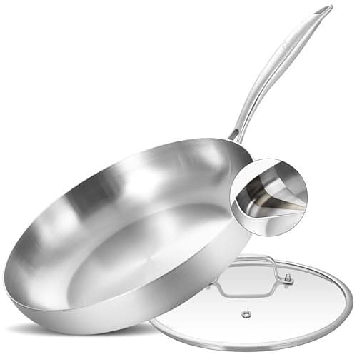 LOLYKITCH 12 Inch Tri-Ply Stainless Steel Frying Pan with Lid,Skillet,Induction Cooking Pan,Oven Safe and Detachable Handle