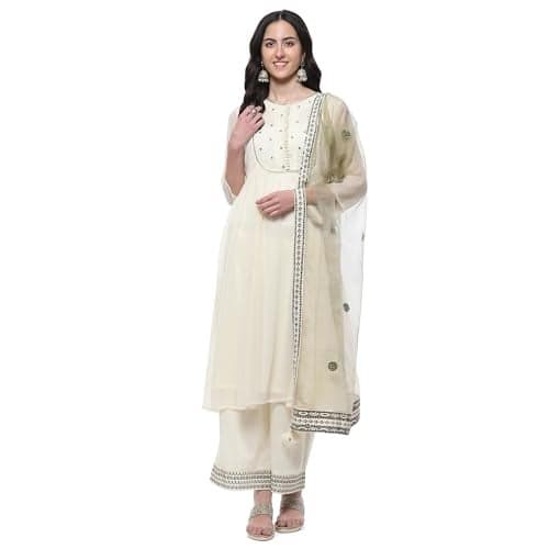 BIBA Women EMBROIDERY GATHERED SALWAR KURTA DUPATTA(SKDRIVAYAT9575_OFF WHITE_34)