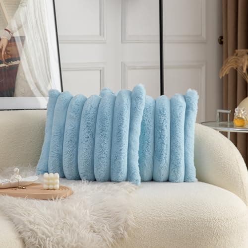 Neelvin Blue Faux Fur Cozy Soft Striped Decorative Throw Pillow Covers 18x18 inch Set of 2Velvet Pillowcase Cushion Case for Sofa Couch