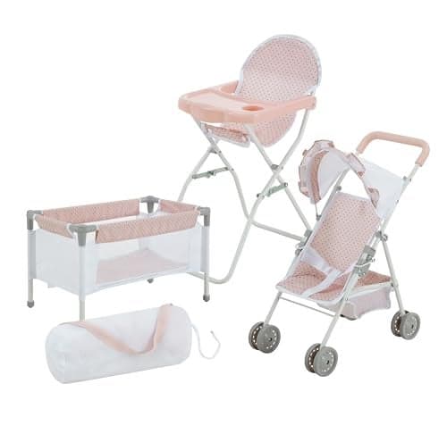 Olivias Little World Polka Dot Princess Baby Doll 3pc Nursery Set Crib High Chair Stroller Pink Gray
