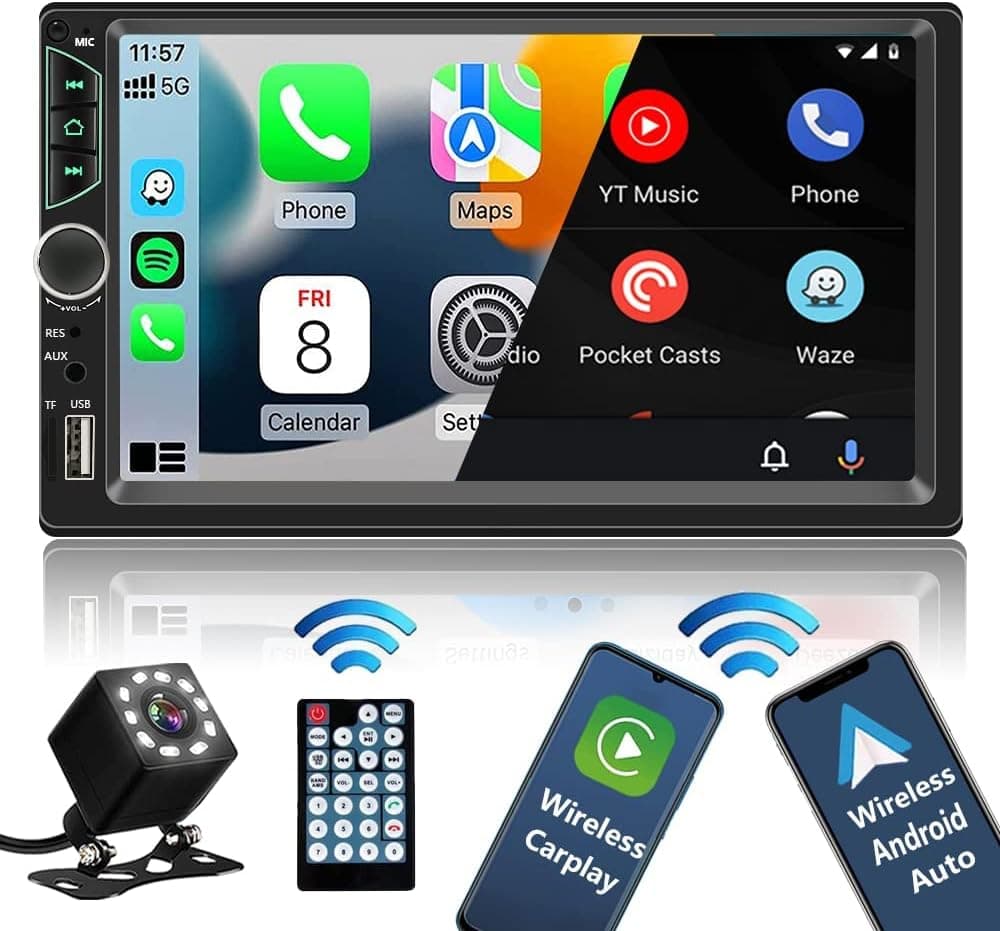 Double Din Car Stereo with Wireless Apple Carplay and Android Auto - 7 Inch HD Touch Screen