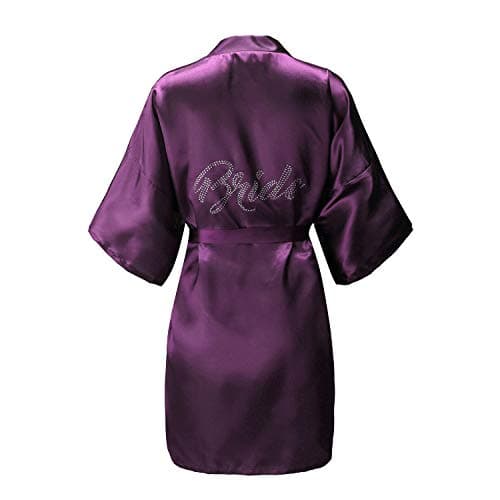 EPLAZA Women's One Size Silver Rhinestones Bride Bridesmaid Short Satin Robes for Wedding Party Getting Ready (deep Purple, Bride)