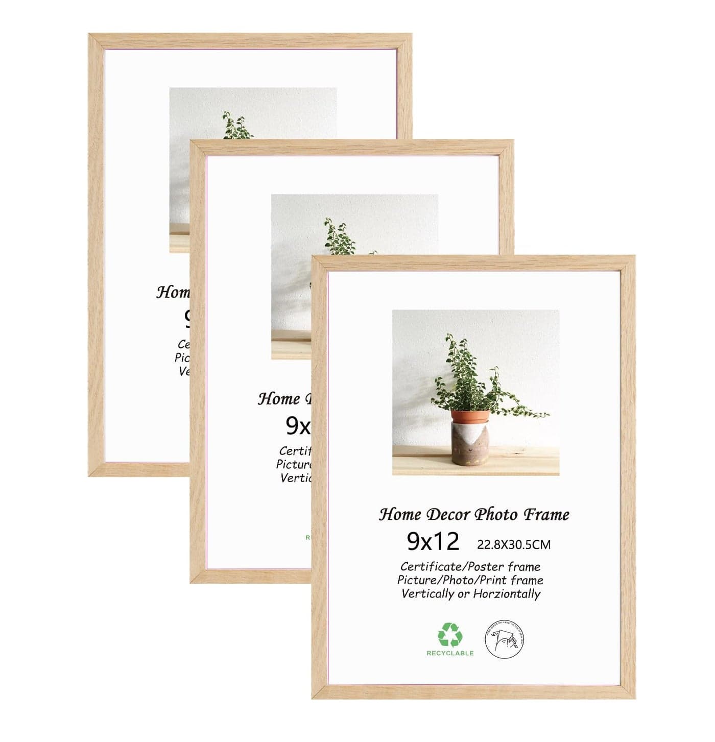 LYYYXGYP 9x12 Picture Frame Set of 3 Natural Solid Oak Wooden Photo Frames Beige Wood Poster Frames with Plexiglass for Wall and Tabletop Display
