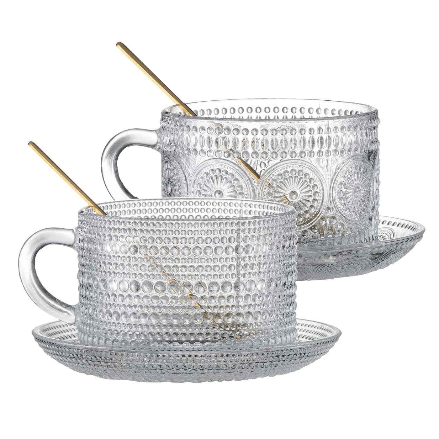 Gezzeny Vintage Coffee Mugs with Saucers 14 Oz Set of 2 Embossed Glass Cups Tea Cups Glass Coffee Cups for Cappuccino LatteCereal Beverage Birthday Valentines Day Gifts