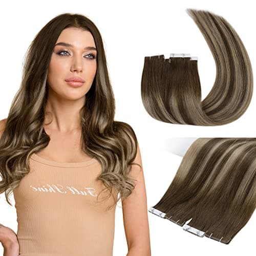 Full Shine Injection Tape in Hair Extensions 5Pcs 20 Inch Seamless Skin Weft Tape in Extensions Color 4 Brown Fading to 27 Blonde And 4 Brown Virgin Hair Extensions Real Remy Human Hair 125 Gram
