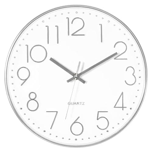 TEKCOOL Analogue Wall Clock 12" Silent Quartz Decorative Latest Wall Clock Non-Ticking Classic Clock Battery Operated Round Easy to Read for Room/Home/Kitchen/Bedroom/Office/School - (White Silver).