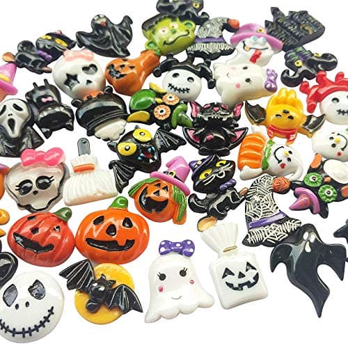 Chenkou Craft Random 50pcs Mix Lots Resin Flatback Flat Back Halloween Craft Embellishment Wizard Pumpkin Lantern Ghost Spider Skull CastleClear Box 50