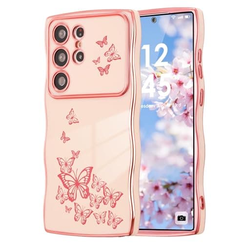 ZTOFERA for Samsung Galaxy S23 Ultra Case Cute for Girl Women, Curly Wave Frame & Luxury Plating Butterfly Pattern, Soft TPU Shockproof Raised Lens Protection Phone Case for Samsung S23 Ultra, Pink