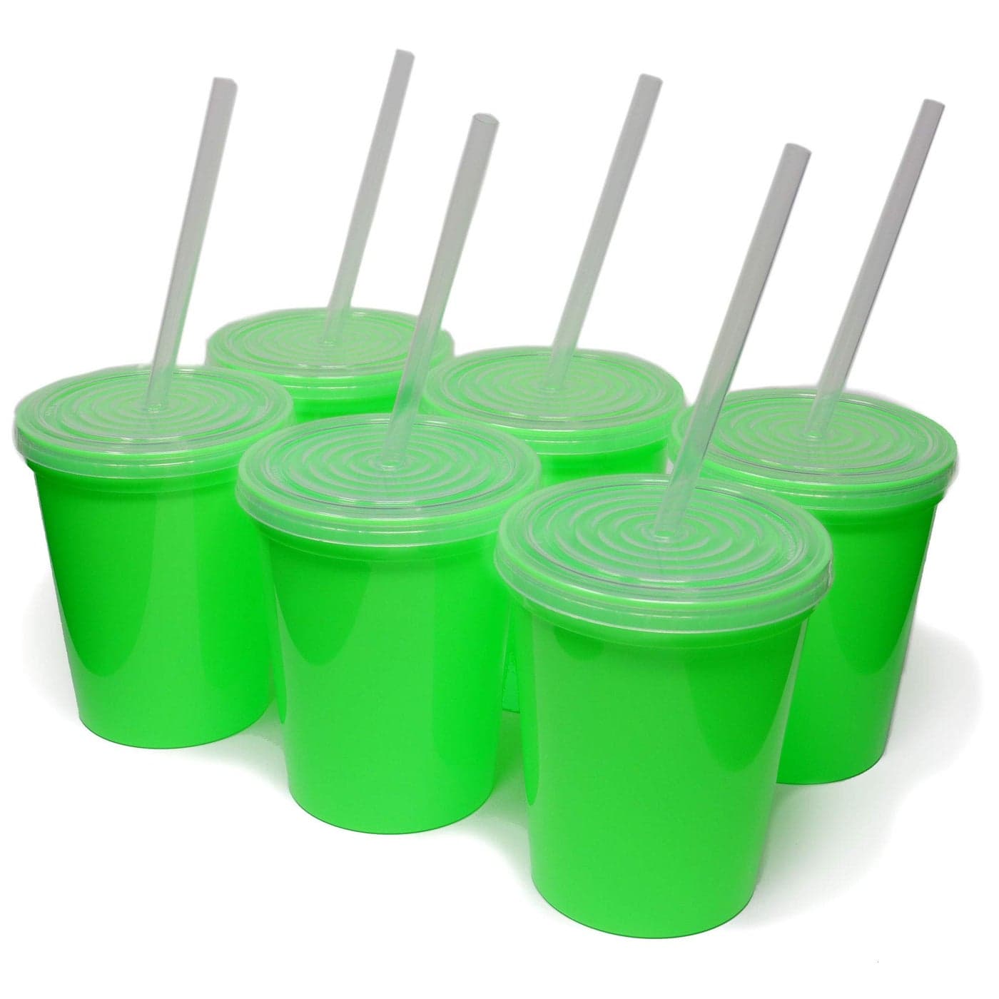 Rolling Sands 16 Oz Reusable Plastic Stadium Cups with Lids 6 Pack USA Made Tumblers and Lids Includes 6 Reusable Straws Dishwasher Safe Lime Green