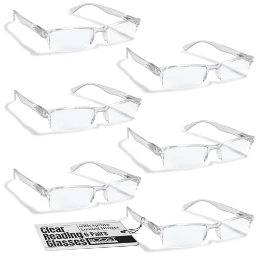 Boost Eyewear 6 Pack Reading Glasses, Clear Half Rim Frames, for Men and Women, with Comfort Spring Loaded Hinges, Clear, 6 Pairs (+2.00)
