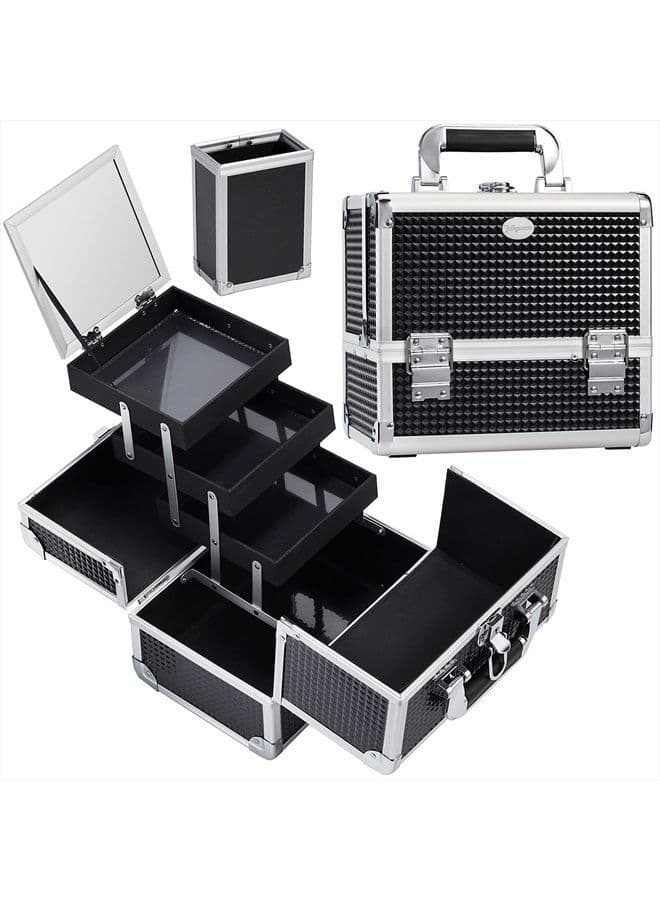 Makeup Box Train Case Large Storage Capacity 3-Tier Trays with Mirror Portable Travel Cosmetic Organizer with Brush Holder, Lockable with Keys - Black Pattern