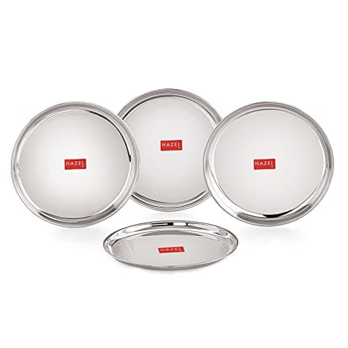 HAZEL Stainless Steel Dinner Plate with Glossy Finish | Thali Plates for Kitchen | Serveware Snacks Plates for Kids | Breakfast Plates Set of 4, 21 cm