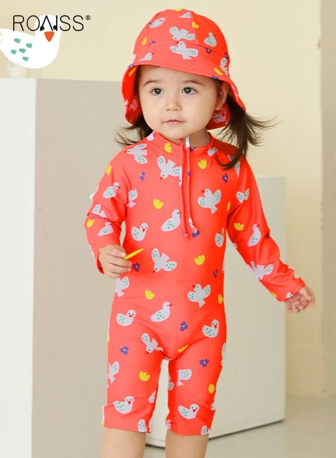 Girls One Piece Swimsuit with Sunhat, Long Sleeve Swimwear with Back Zipper, Sun Protection Bathing Suit with Adorable Pattern, Rash Guard Swimwear for Toddler Girls, Prefect for Beach, Swimming Pool, Swimming Lessons and Other Water Activities