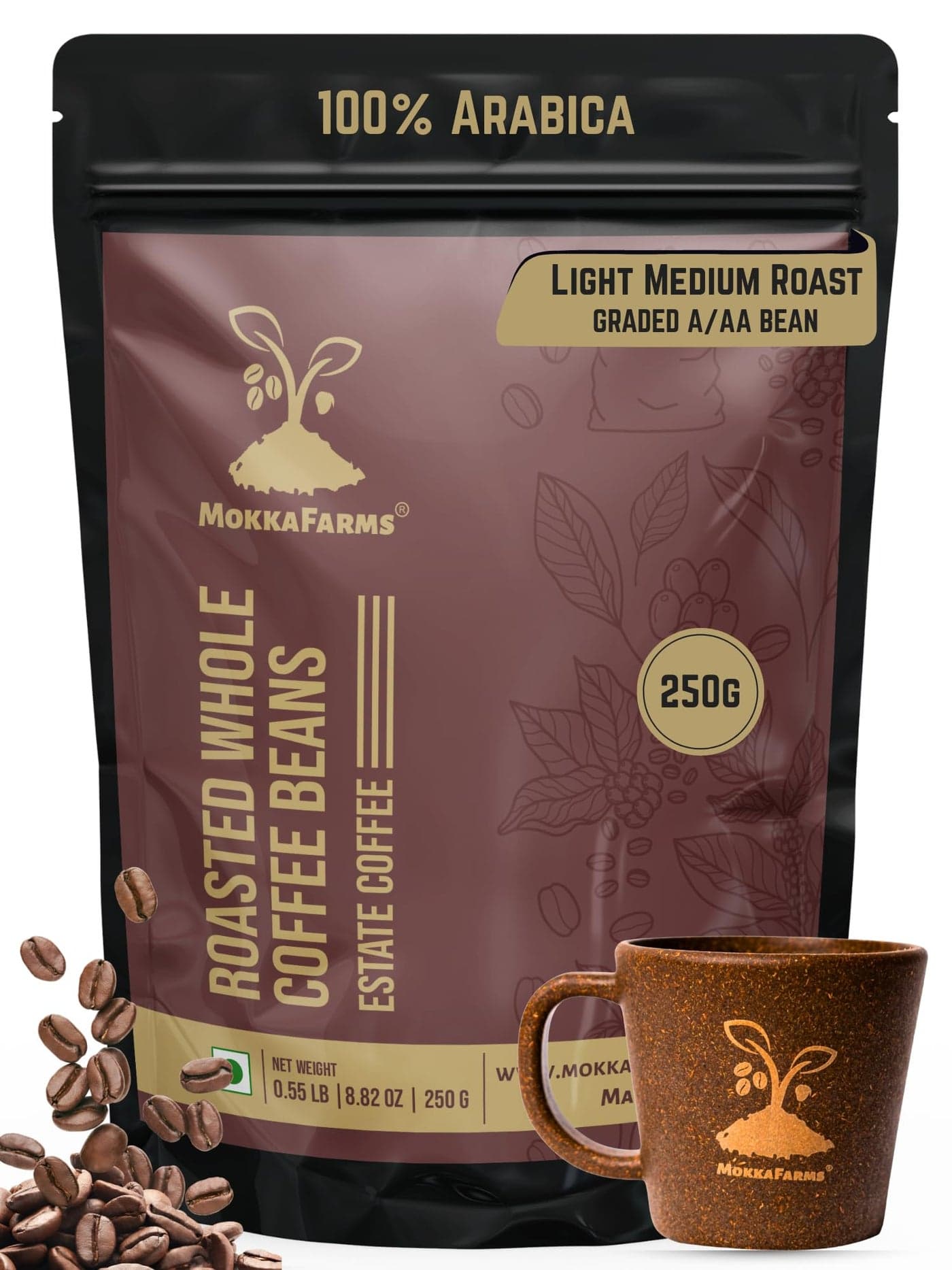 MokkaFarms Roasted Whole Coffee Beans 250g | 100% Arabica | Light-Medium Roast, Sundried/Cherry, A/AA Grade | Freshly Roast Estate Coffee | Strong Flavor & Aroma | Farm to Fork Quality | Zip Lock Bag